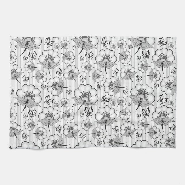 Cute black white seamless flowers patterns towel (Horizontal)