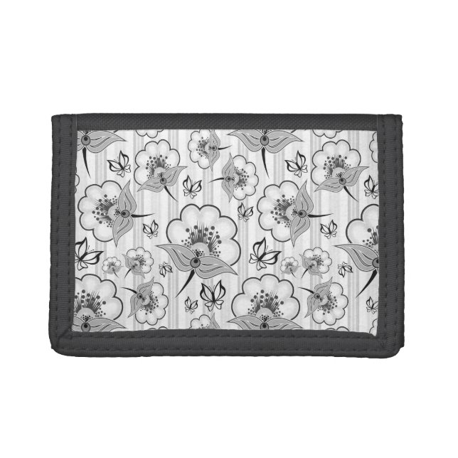Cute black white seamless flowers patterns trifold wallet (Front)