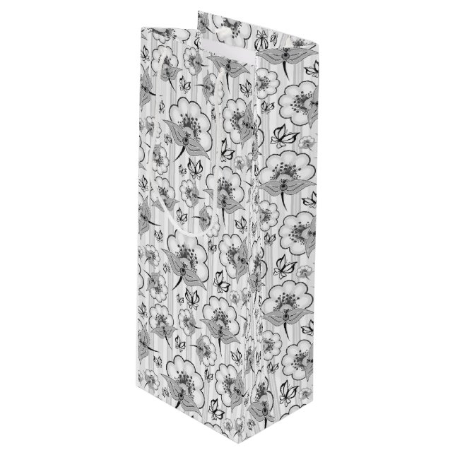 Cute black white seamless flowers patterns wine gift bag (Front Angled)