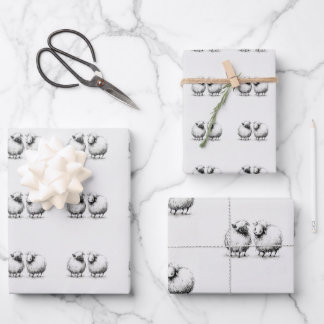 Cute Black White Sheep Lamb Ink Sketch Drawing Wrapping Paper Sheets
