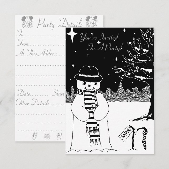 Cute black white snowman illustration christmas invitation (Front/Back)