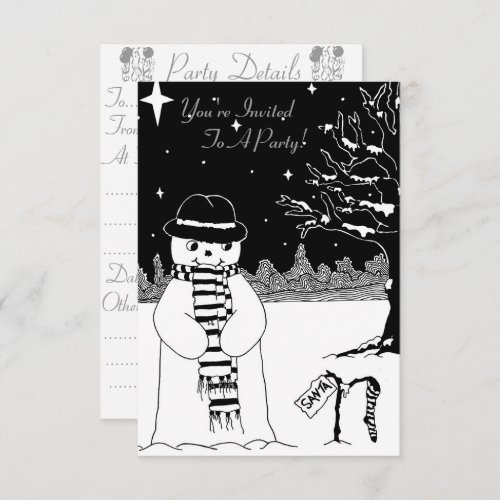 Cute black white snowman illustration christmas invitation