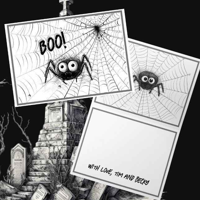 Cute Black & White Spiders | Spider Web Halloween Card (Cute Black and White spiders and spider web customizable Halloween greeting cards.)