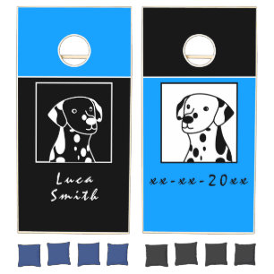 CUTE BLACK & WHITE SPOTTY DOGS DRAWINGS ON BLUE CORNHOLE SET