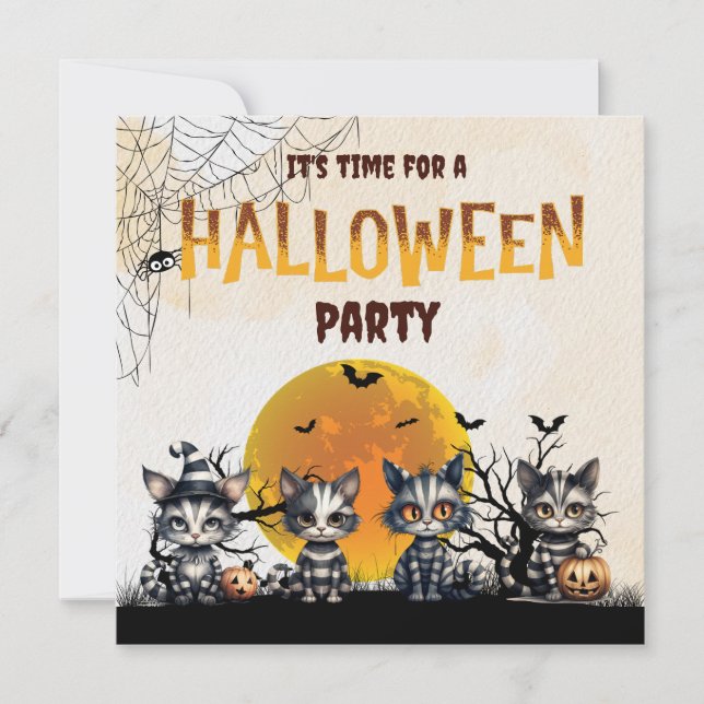 Cute Black White Striped Halloween Ghost Kittens  Invitation (Front)