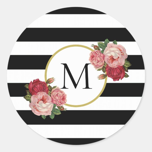 Cute Black White Striped Retro Flowers Monogram Classic Round Sticker (Front)