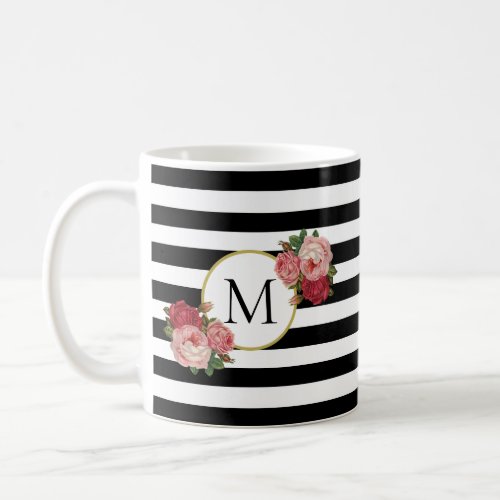 Cute Black White Striped Vintage Roses Monogram Coffee Mug