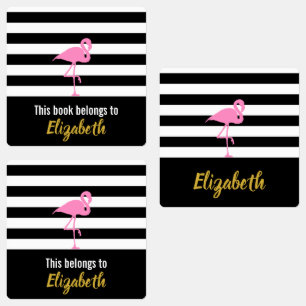 Cute Black & White Stripes Gold Name Pink Flamingo Kids' Labels