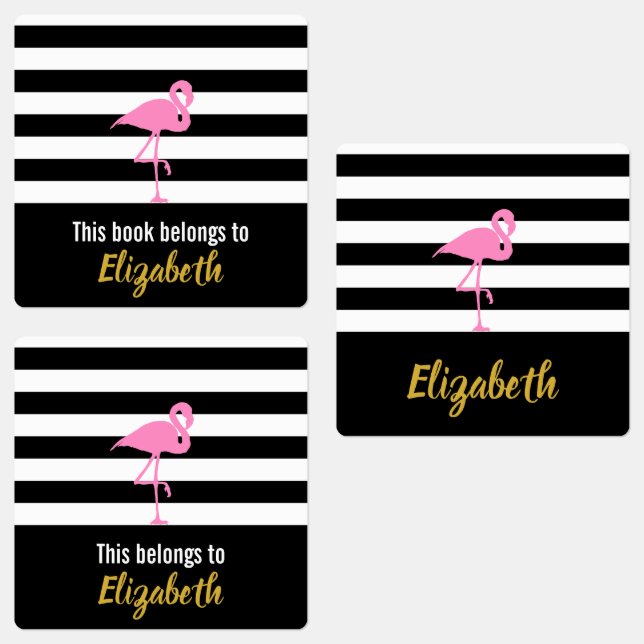 Cute Black & White Stripes Gold Name Pink Flamingo Kids' Labels (Group)