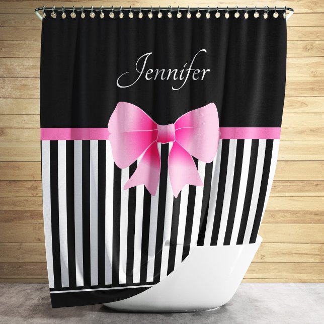 Cute Black & White Stripes Pattern Pink Bow Name Shower Curtain (Cute Black & White Stripes Pattern Pink Bow Name Shower Curtain)