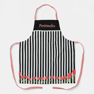 Cute Black White Stripes Pink Flowers Cooking Apron