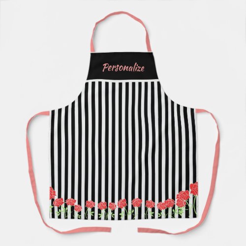 Cute Black White Stripes Pink Flowers Cooking Apron