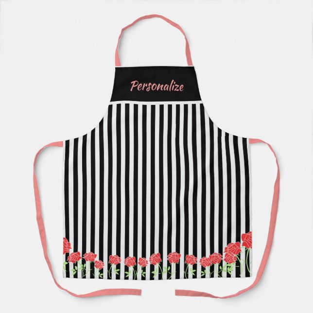 Cute Black White Stripes Pink Flowers Cooking Apron (Front)