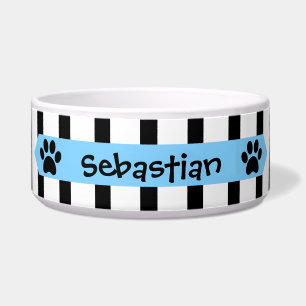 Cute Black & White Stripes w Blue Banner, Add Name Bowl