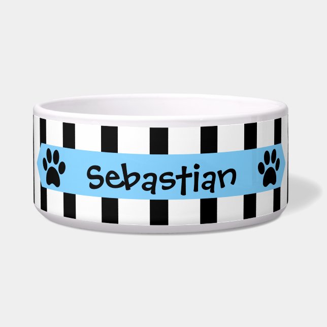 Cute Black & White Stripes w Blue Banner, Add Name Bowl (Front)