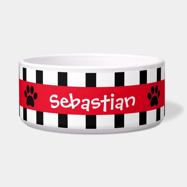 Cute Black & White Stripes w Red, Personalized Bowl (Front)