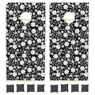 Cute black white swirl flowers pattern cornhole set