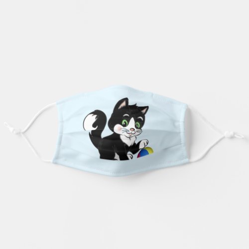 Cute black  white tuxedo kitty cat on light blue adult cloth face mask