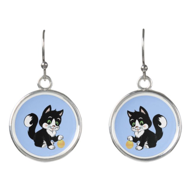Cute black & white tuxedo kitty cat on light blue earrings (Front)