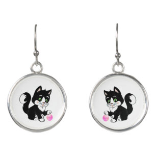 Cute black & white tuxedo kitty cat on white earrings