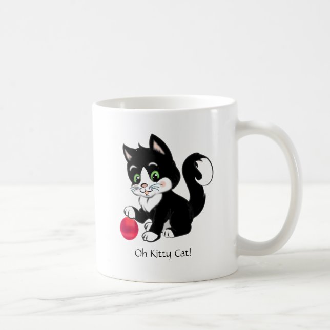 Cute black white tuxedo kitty cat & red ball coffee mug (Right)
