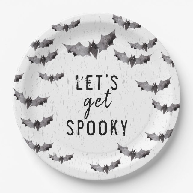 Cute Black & White Watercolor Bat Spooky Halloween Paper Plates (Front)