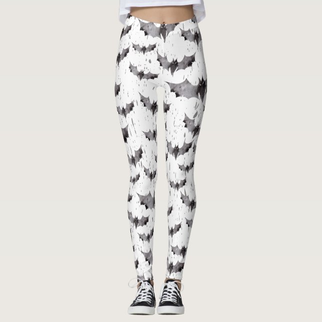 Cute Black & White Watercolor Bats Halloween Leggings (Front)