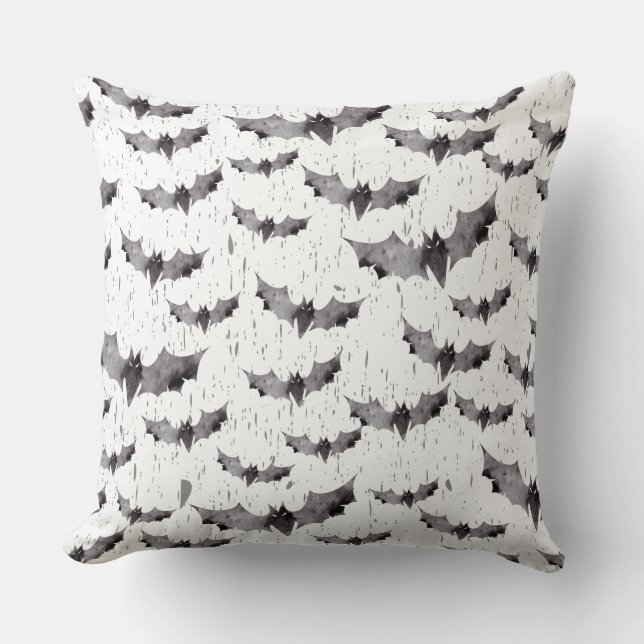 Cute Black & White Watercolor Bats Halloween Throw Pillow (Front)