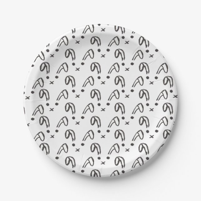 Cute black white watercolor hand drawn bunny paper plates (Front)