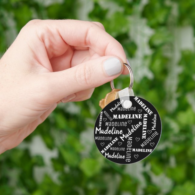 Cute Black White Word Art Cloud Heart Name Custom Keychain (Hand)