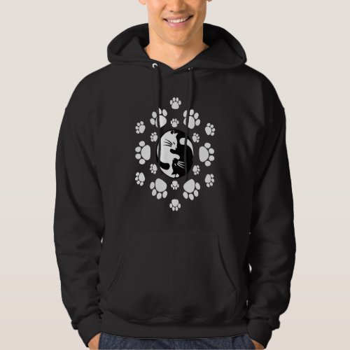 Cute Black  White Yin Yang Cats Paw Print Mandala Hoodie