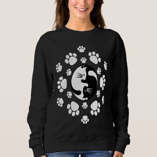 Cute Black  White Yin Yang Cats Paw Print Mandala Sweatshirt