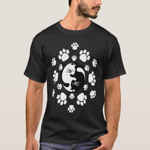 Cute Black  White Yin Yang Cats Paw Print Mandala T_Shirt