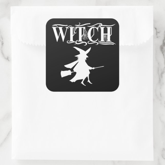 Cute Black Wicked Flying Witch Halloween Square Sticker (Bag)