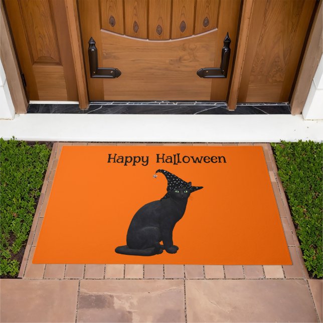 Cute Black Witch Cat Doormat (Outdoor)