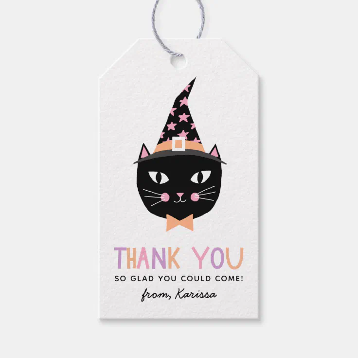 Cute Black Witch Cat Halloween Birthday Name Gift Tags