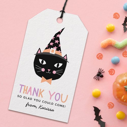 Cute Black Witch Cat Halloween Birthday Name Gift Tags