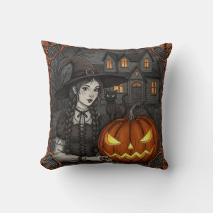 Cute Black Witch Cat Halloween Pumpkin Web Pillow