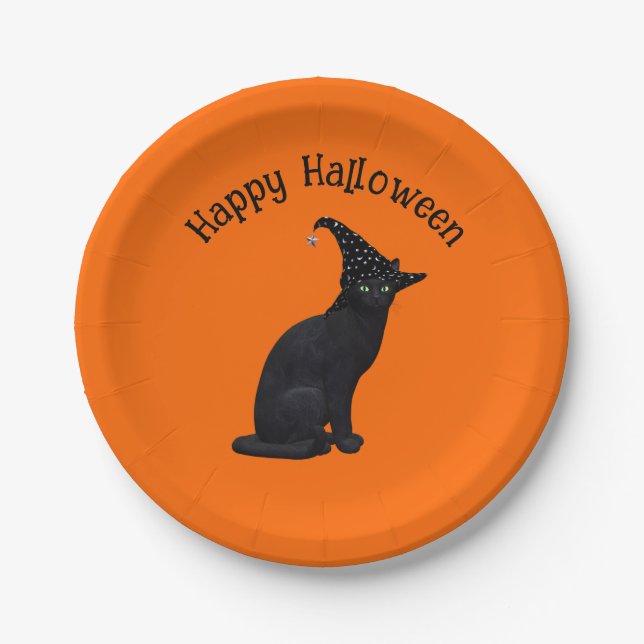 Cute Black Witch Cat Paper Plates (Front)