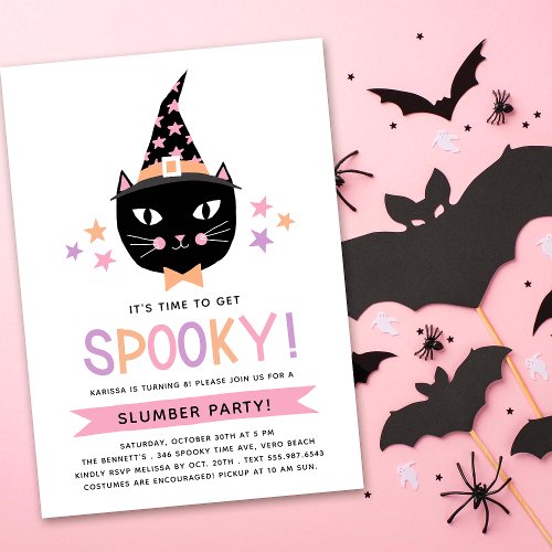 Cute Black Witch Cat Pastel Birthday Slumber Party Invitation