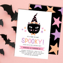 Cute Black Witch Cat Pastel Halloween Birthday Invitation