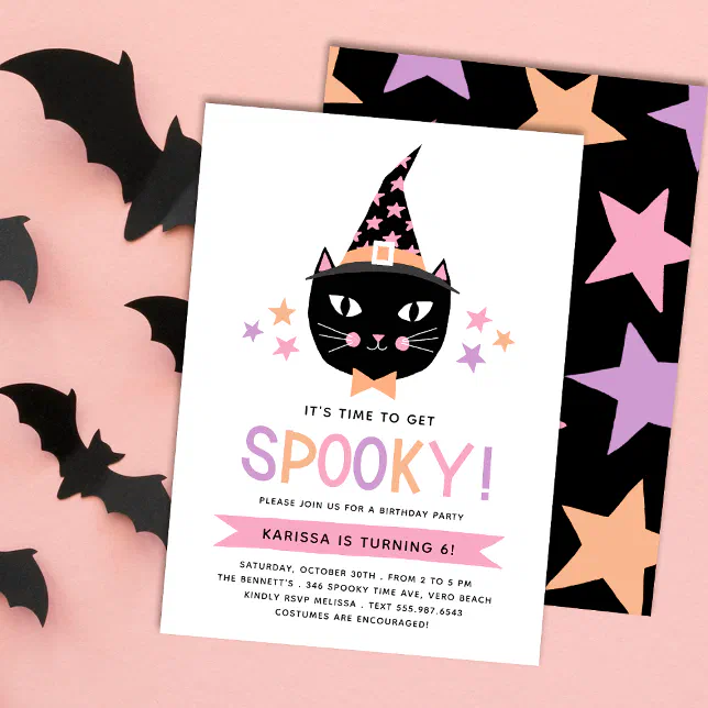 Cute Black Witch Cat Pastel Halloween Birthday Invitation | Zazzle