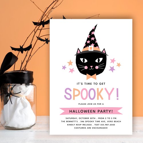Cute Black Witch Cat Pastel Halloween Party Invitation