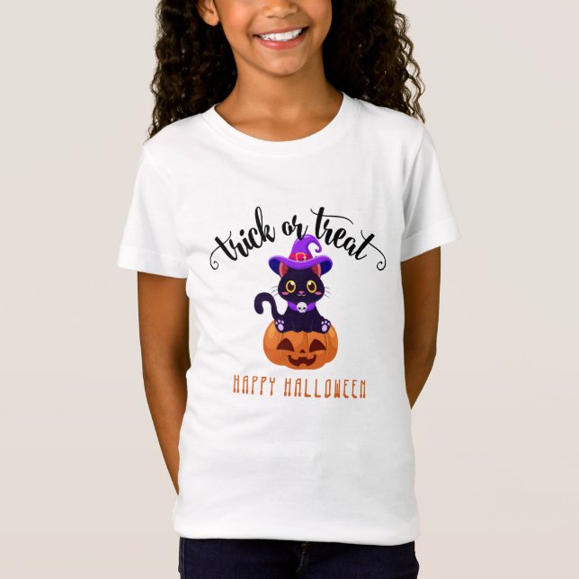 Cute Black Witch Cat Pumpkin Halloween Custom T-Shirt (Front)