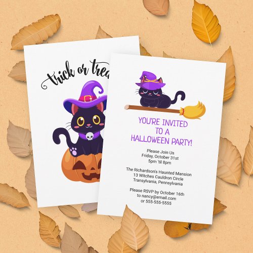 Cute Black Witch Cats Custom Halloween Party Invitation