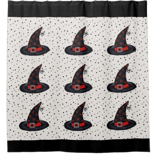 Cute Black Witch Hats Stars Dangling Spiders Shower Curtain