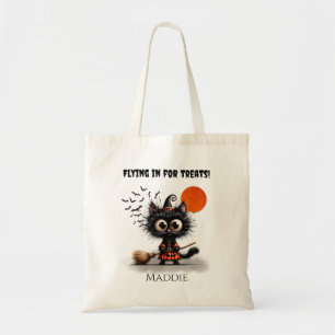 Cute Black Witch Kitten Halloween Trick or Treat Tote Bag