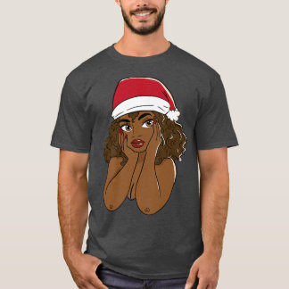 Cute Black Woman Wearing Santa Claus Hat Beautiful T-Shirt