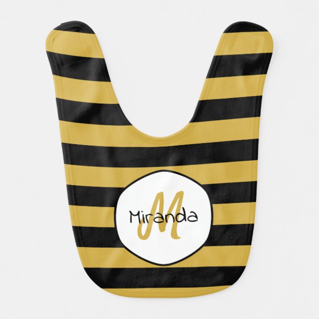 Cute Black Yellow Bee Stripes Name and Monogram Baby Bib (Front)