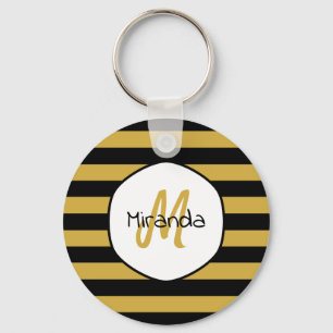 Cute Black Yellow Bee Stripes Name and Monogram Keychain